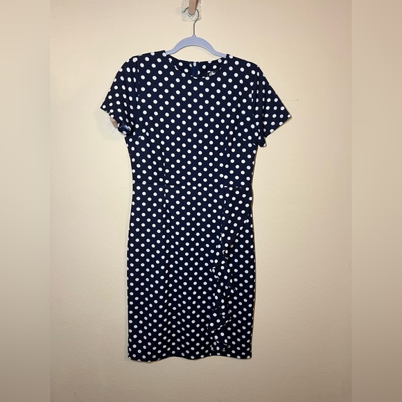Classic Short Sleeve Navy Blue Polka Dot Falbala Fold Slim Fit Pencil Dress Lg - Picture 4 of 7